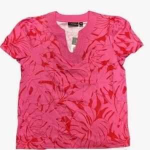 Rafaella Pink with Red Botanical V-Neck Short Sleeve Tee